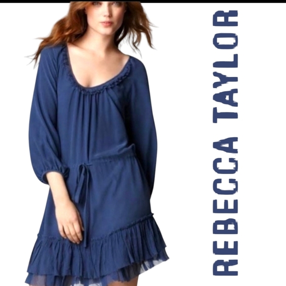 Rebecca Taylor SILK Mini Dress Blue 3/4 Slvs Cinched Waist Frayed Hem Sz 8 NWT - Picture 1 of 14